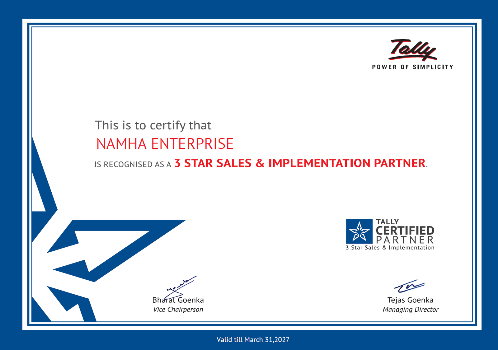 Namha Enterprise — 3-Star Tally Sales & Implementation Partner certificate